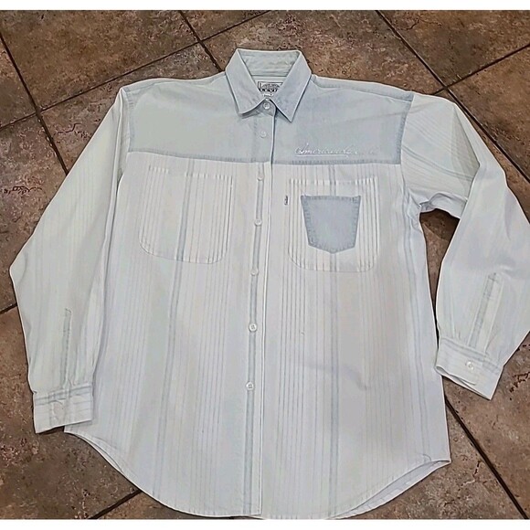 Levis Denim Shirt Adult  Medium Blue Western Cowboy Wash Unisex Striped 2 Tone - Picture 1 of 12
